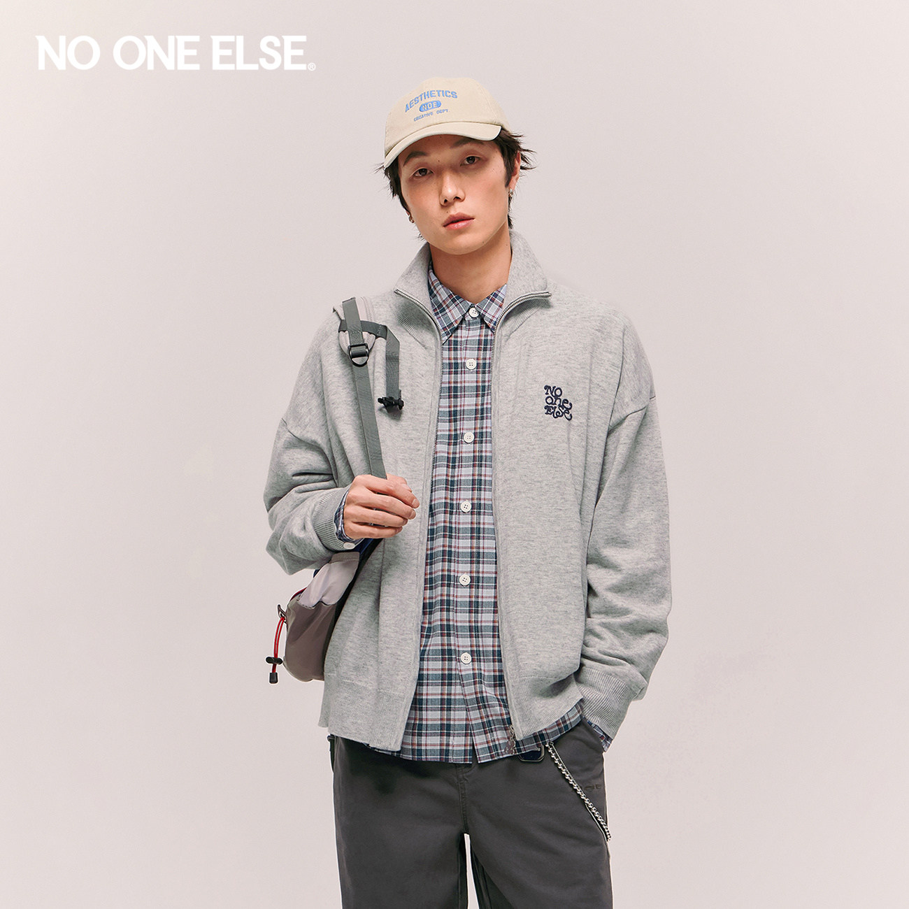 NO ONE ELSE字母绣花毛衣男女2026秋冬季新款翻领开衫长袖针织衫