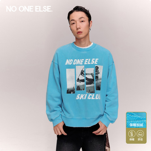 NO ONE ELSE字母印花加绒卫衣男女2026冬季新款美式圆领做旧上衣