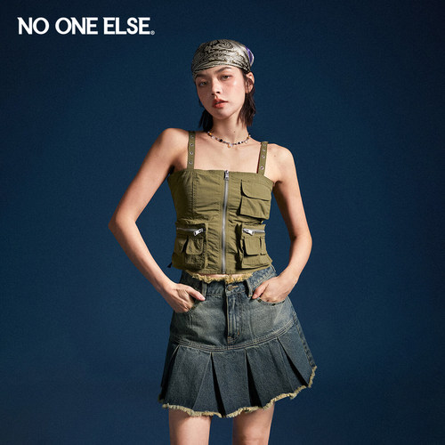 NO ONE ELSE辣妹背心女2026春秋新品美式街头复古口袋褶皱吊带