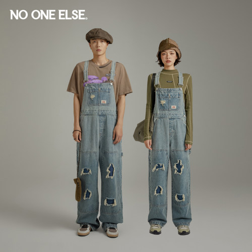 水洗破洞背带牛仔裤nooneelse