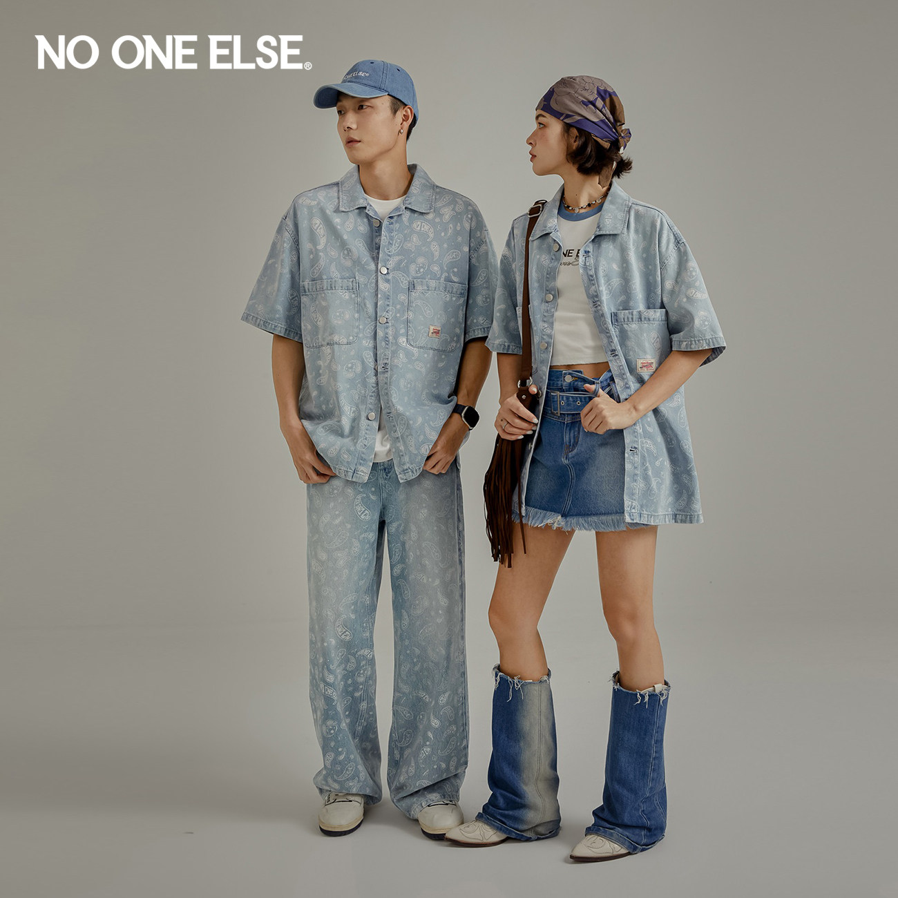 NO ONE ELSE腰果花牛仔衬衫男女款2026夏季新品休闲宽松个性上衣