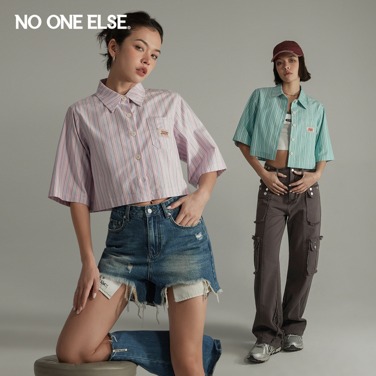 NO ONE ELSE口袋条纹衬衫女2026年夏季新款洋气撞色开衫短袖上衣