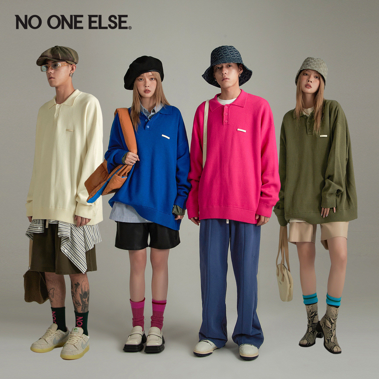 NO ONE ELSE【7系列】翻领长袖针织衫男女2026年春秋新款宽松上衣