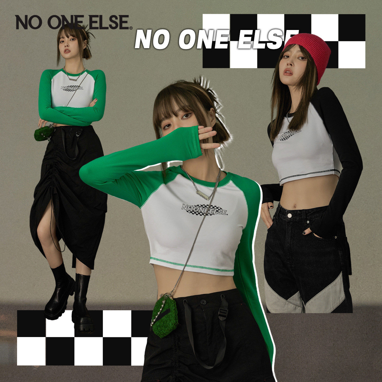 NO ONE ELSE辣妹拼色T恤女2026年春秋新款字母印花设计感圆领上衣