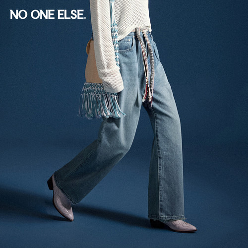 NO ONE ELSE阔腿牛仔裤女2026春秋新品美式街头系带水洗直筒裤子
