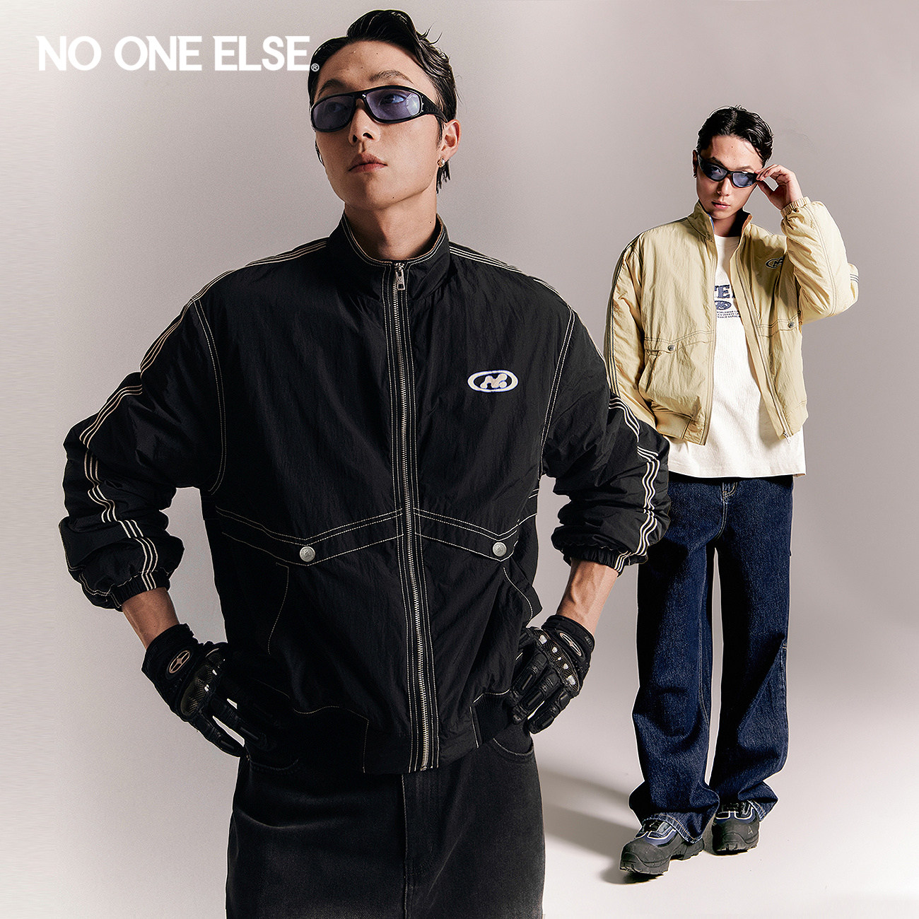 NO ONE ELSE字母印花条纹棉服男女2025冬季新款立领长袖机能外套