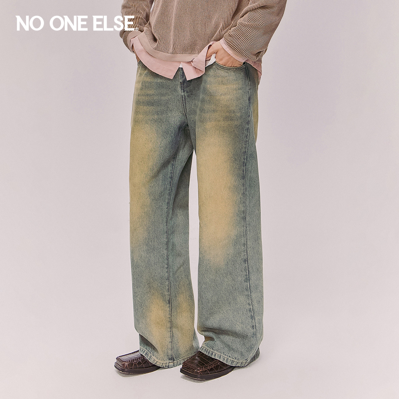 【吕思瞳同款】NO ONE ELSE中性系列破洞阔腿牛仔裤男女做旧长裤