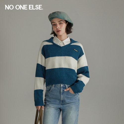 NOONEELSE条纹大翻领针织衫