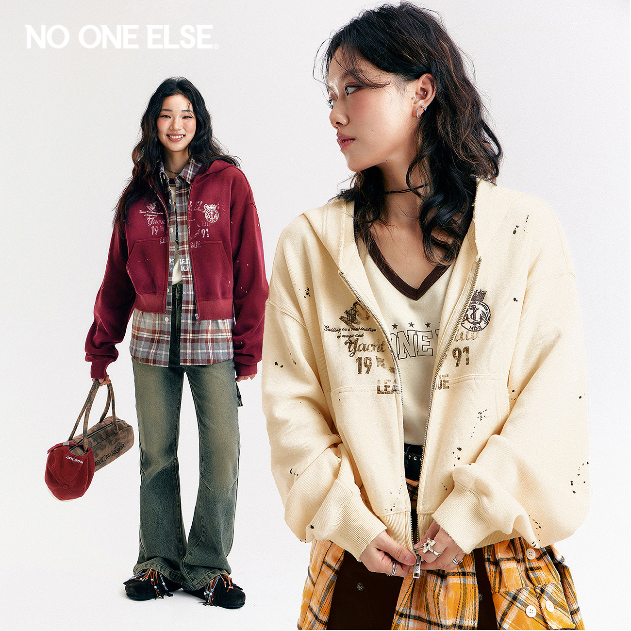 NO ONE ELSE连帽卫衣外套女士2026春秋新款漆点字母印花上衣开衫