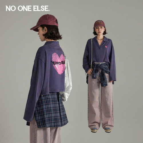 爱心字母翻领长袖T恤nooneelse