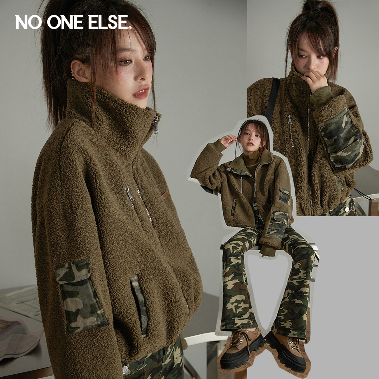 【反季清仓】NO ONE ELSE迷彩拼接皮毛一体仿皮草女冬季毛绒外套图片