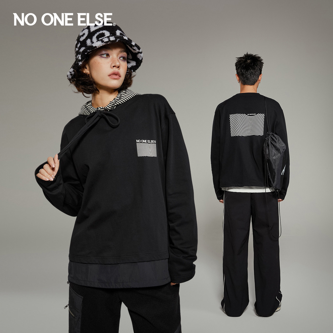 NO ONE ELSE印花拼接T恤男女款2026年春秋新品宽松长袖套头上衣