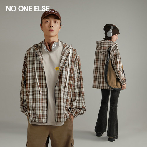 字母格子连帽衬衫nooneelse