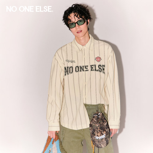 NO ONE ELSE字母印花衬衫男女2026春秋新款美式条纹宽松长袖衬衣