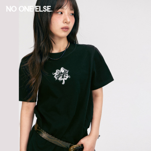 NO ONE ELSE花朵字母印花T恤女士2026夏季新款休闲短袖圆领打底衫
