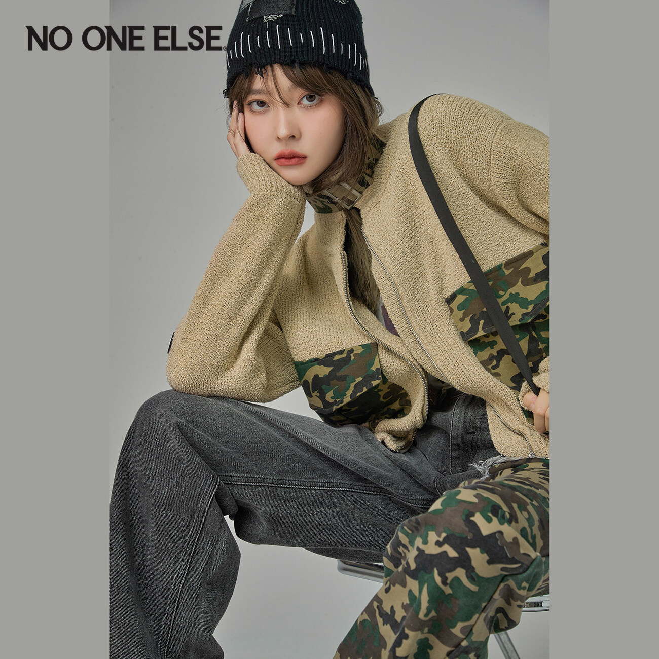 NO ONE ELSE时尚迷彩口袋短外套女2026秋新品宽松个性针织开衫