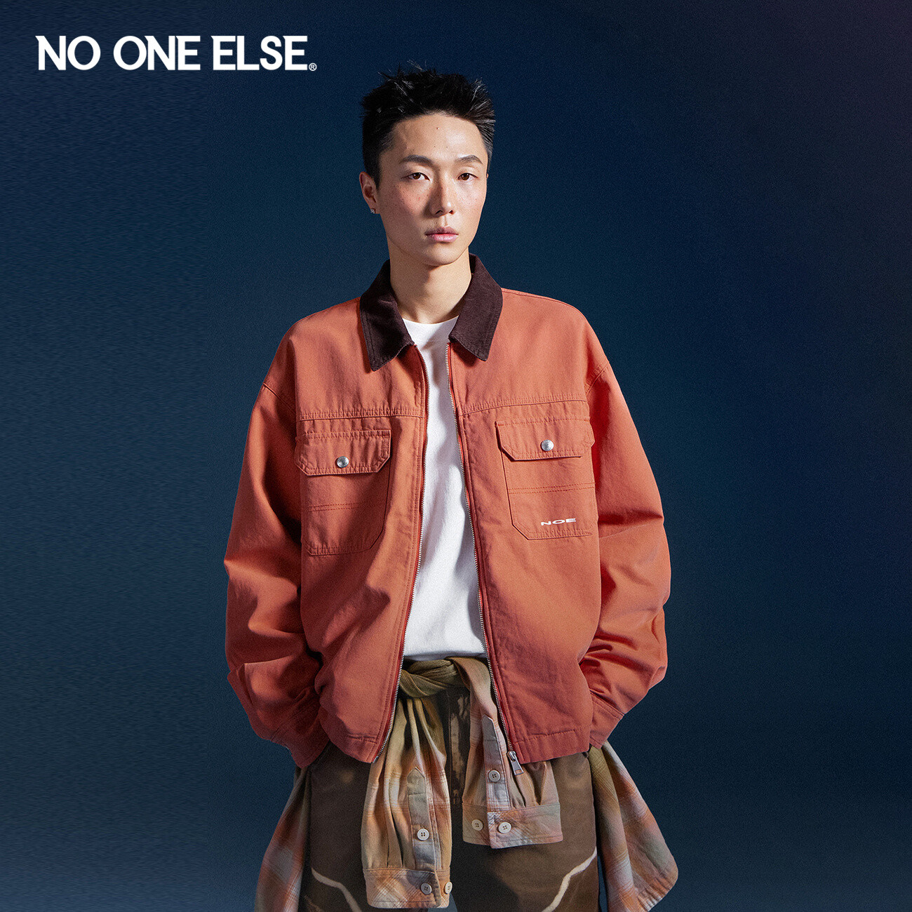 NO ONE ELSE字母印花衬衫男女2026年秋新品撞色拼接拉链长袖上衣