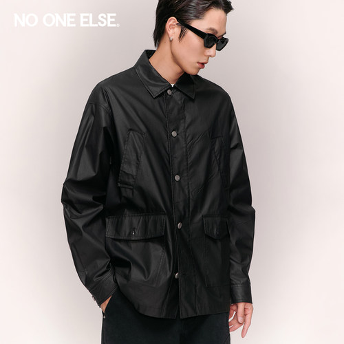 NO ONE ELSE仿PU皮衬衫男女款2026春秋新品美式口袋衬衣长袖上衣
