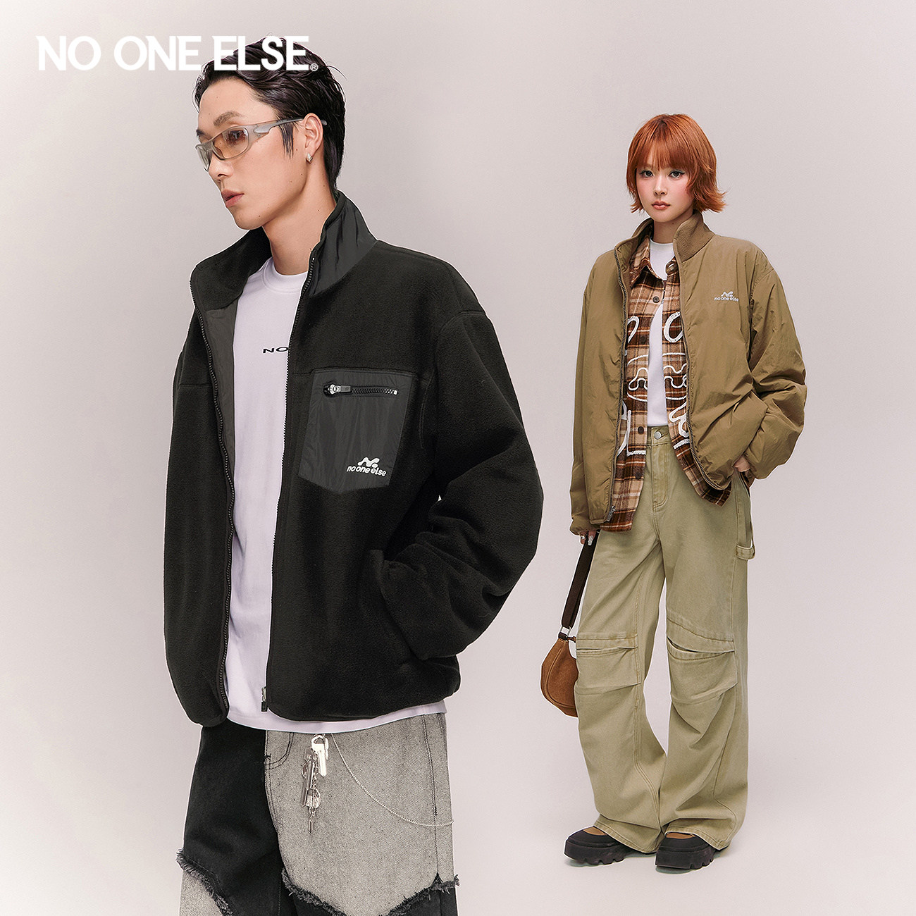 【反季清仓】NO ONE ELSE拼接仿皮毛一体男女冬绣花拉链立领外套