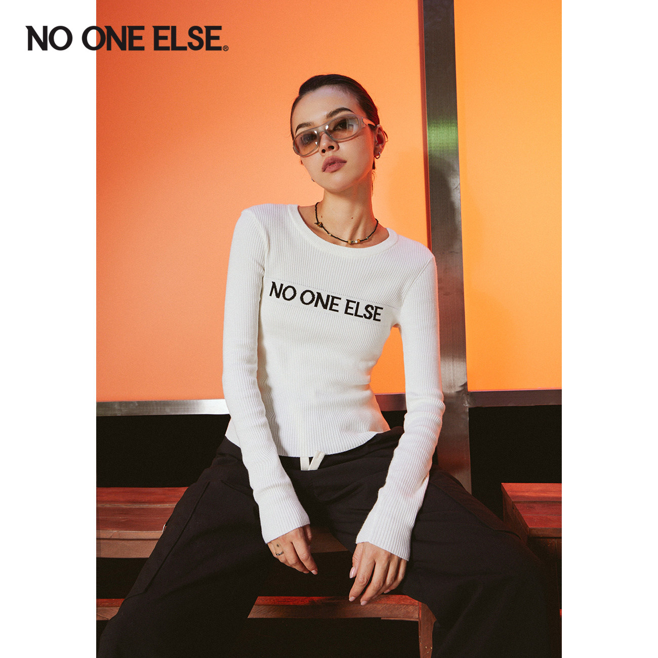 NO ONE ELSE简约字母针织衫女2026春秋新品休闲洋气百搭修身上衣
