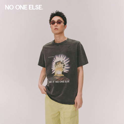 NO ONE ELSE卡通字母印花T恤男女2026年夏季新款美式做旧短袖上衣