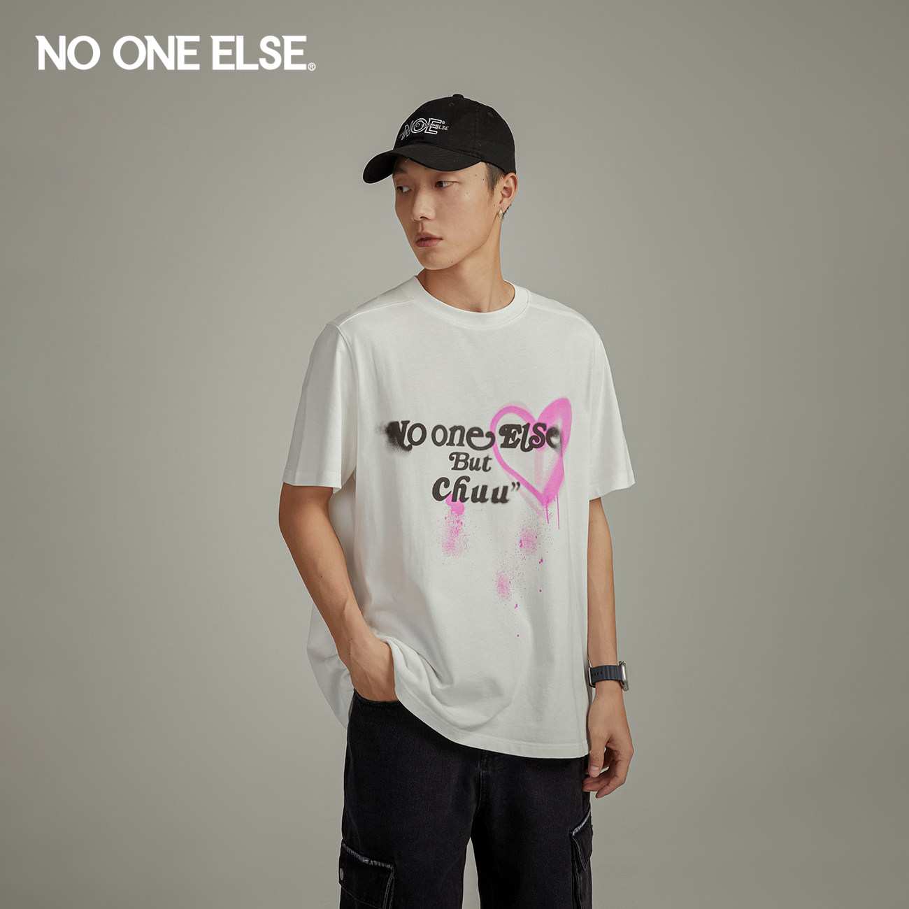 NO ONE ELSE爱心字母印花T恤七夕男女款2026秋新品泼墨短袖上衣