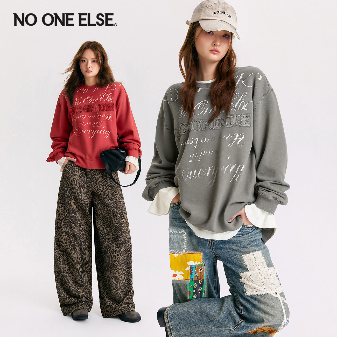 NO ONE ELSE字母印花卫衣女2026春秋新款贴布绣磨破圆领长袖上衣