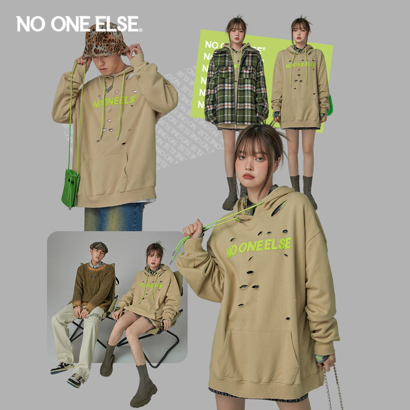 NO ONE ELSE潮酷字母破洞卫衣男女同款2026春秋新品宽松做旧上衣