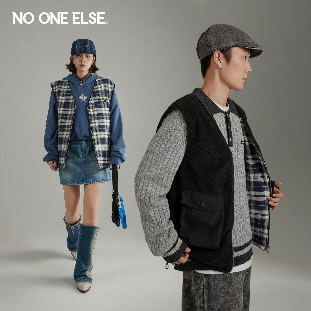NO ONE ELSE两面穿马甲男女款2026年春秋新品撞色工装V领无袖上衣