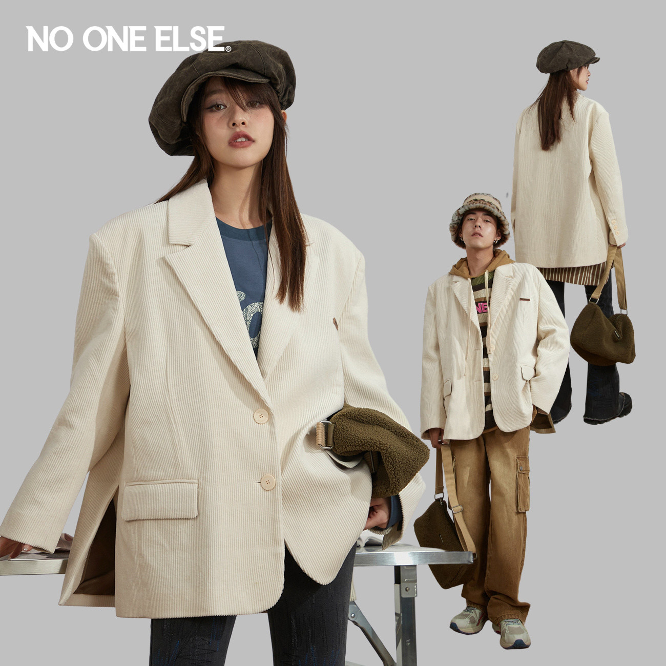 NO ONE ELSE纯色宽松西装男女同款2026年春秋新品韩版中长款外套