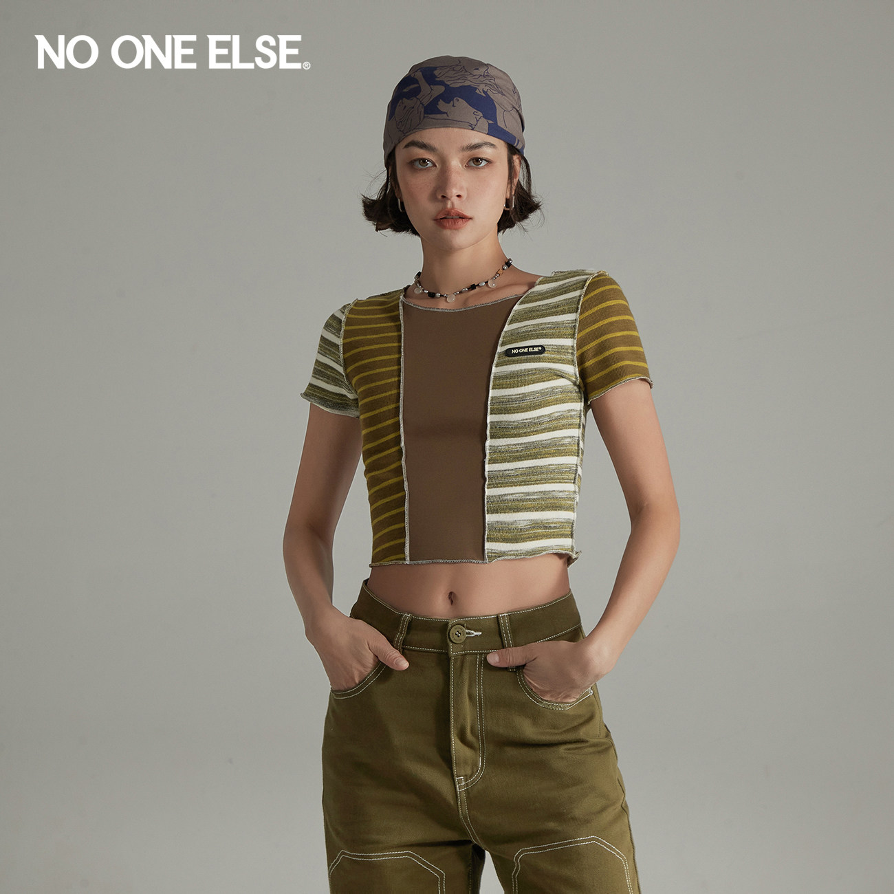 NO ONE ELSE撞色条纹拼接T恤女2026年夏新品时尚个性明线短袖上衣