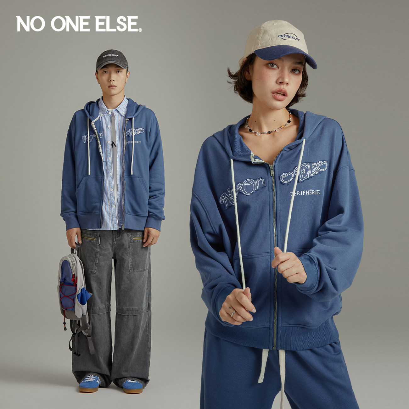 NO ONE ELSE字母连帽外套男女款2026早春秋新品抽绳拉链卫衣开衫