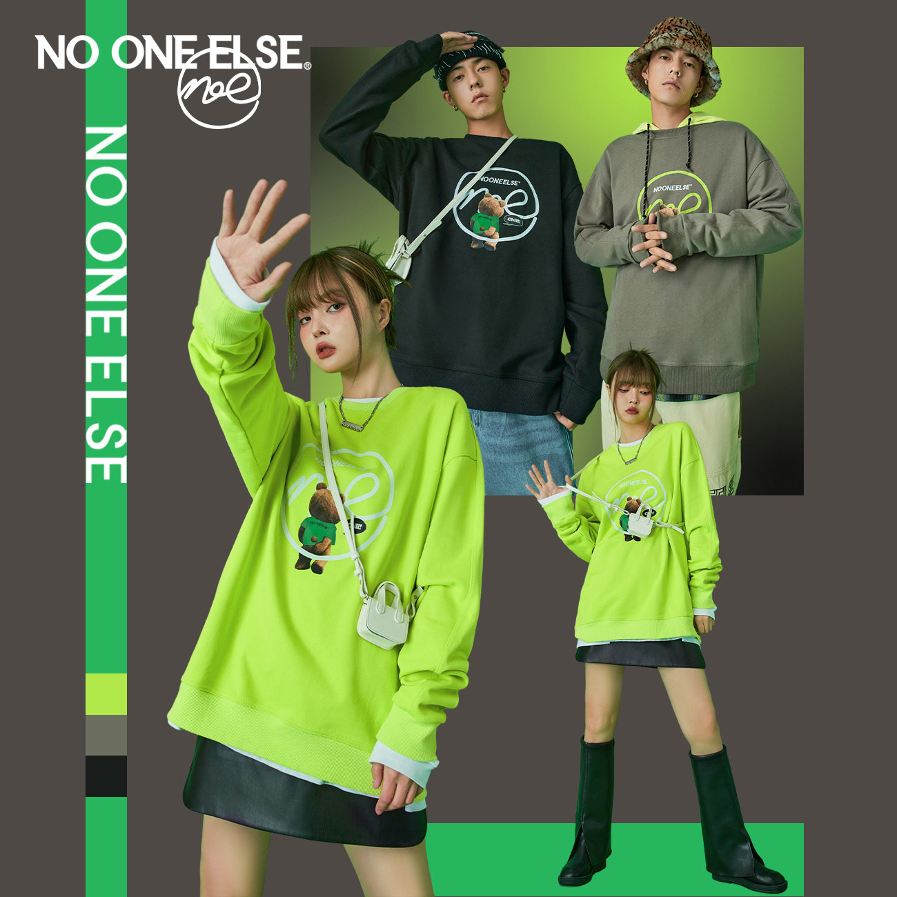 NO ONE ELSE小熊印花套头卫衣男女同款2026春秋新品潮流宽松上衣