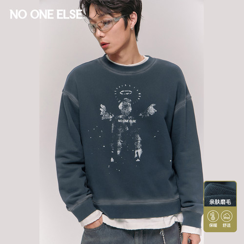 NO ONE ELSE做旧磨毛卫衣男女2026春秋新款天使字母印花长袖上衣