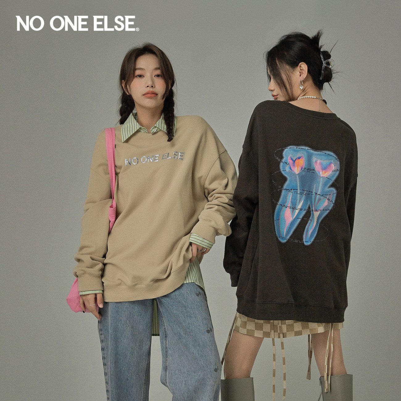 NO ONE ELSE圆领长袖卫衣女2026年新款春秋印花bf慵懒风上衣潮