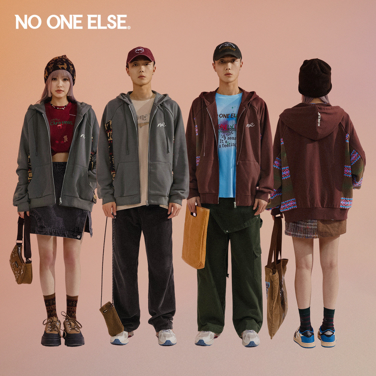NO ONE ELSE拼接卫衣外套男女款2026年春秋新品复古宽松连帽上衣