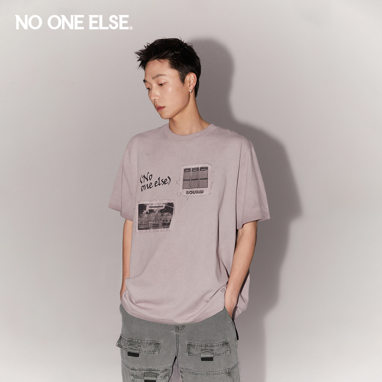 NO ONE ELSE字母印花拼接T恤男女款2026夏季新品灰色宽松短袖上衣
