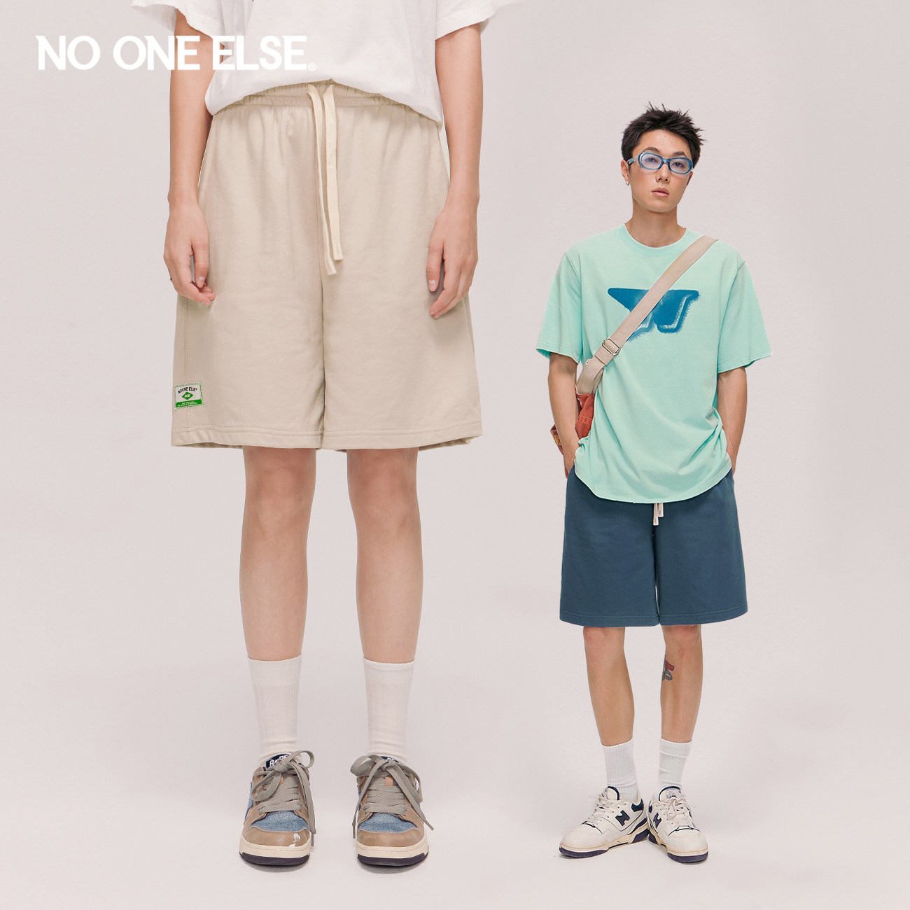 NO ONE ELSE松紧腰系带休闲裤男女款2026夏季新品贴标运动短裤子