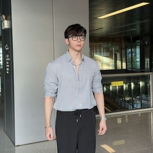 HZ薄款 四季 夏日韩系简约休闲精致宽松落肩竖条纹口袋长袖 衬衣衬衫