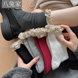 春秋袜子女中筒格雷系花边堆堆袜潮韩系甜美风长袜子纯棉可爱女袜