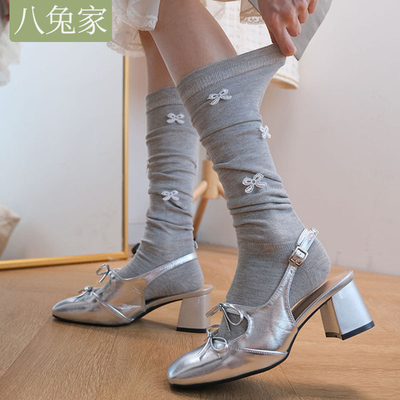 灰色蝴蝶结袜子女夏季薄款中筒袜纯棉花边小腿袜芭蕾风堆堆袜夏天