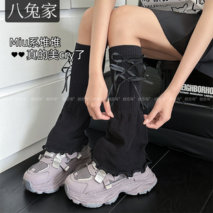 芭蕾风蝴蝶结堆堆袜灰色小腿袜子miu系袜套薄款 白色长筒袜腿套y2k