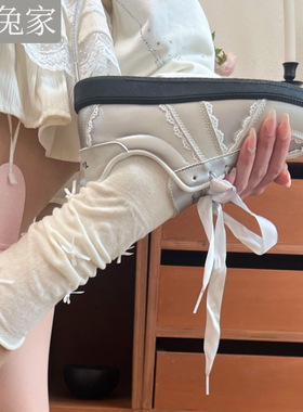 miu系白色袜子女堆堆夏季薄款中筒棉芭蕾风蝴蝶结小腿袜配德训鞋