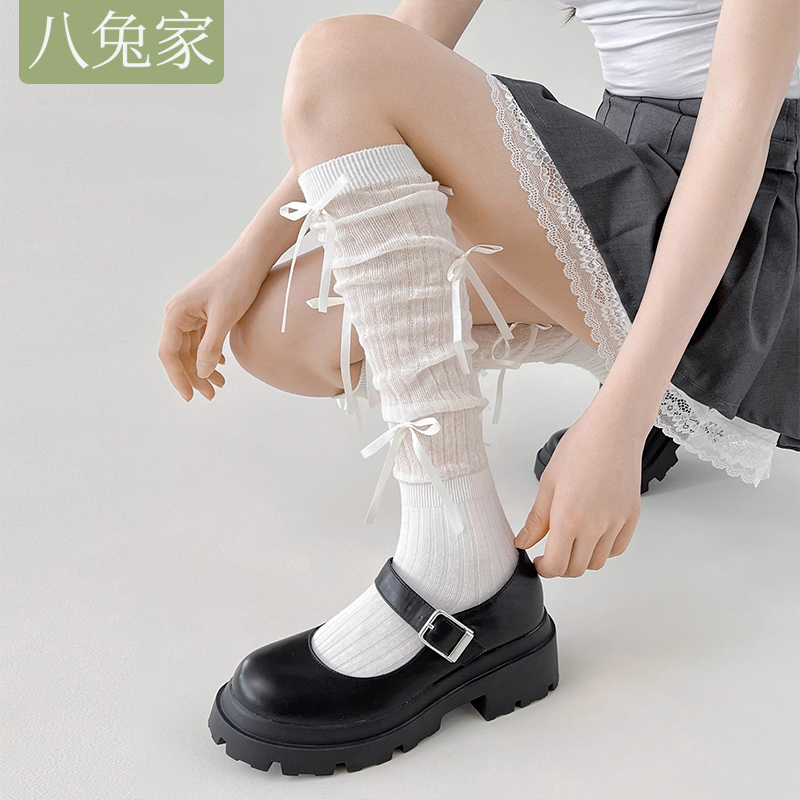 芭蕾风蝴蝶结绑带长筒袜子女春秋薄款白色堆堆袜小腿袜子配小皮鞋