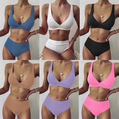 V-neck bra swimsuit bikini split swimwear坑条高腰分体比基尼