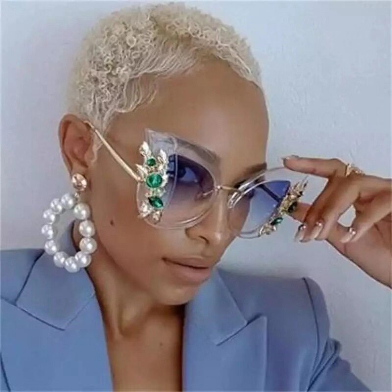 时尚新复古猫眼钻石树叶派对休闲女士太阳眼镜飞行墨镜sunglasses