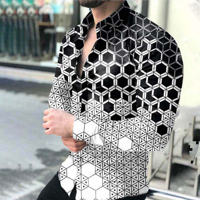 2022欧美秋男士长袖大码上衣渐变黑色几何图印花衬衣Men's Sh