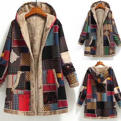 Winter Ladies Hooded Jacket Long Sleeve Loose Printed Jacket