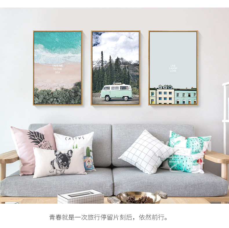 小清新风客厅蓝色建筑英文装饰画