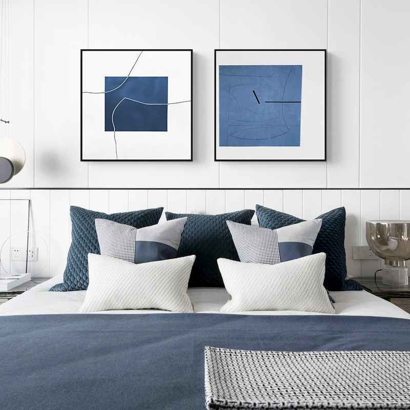 现代简约装饰画正方形卧室床头墙挂画蓝色抽象艺术线条冷色调挂画